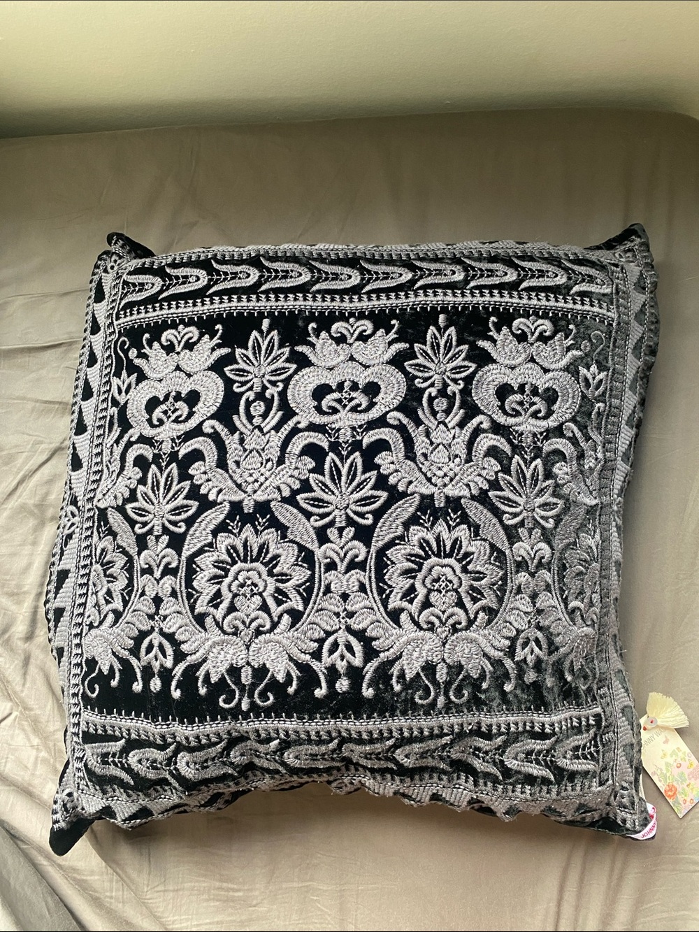 Johnny Was Black Velvet Embroidered Pillow with Silver Accents